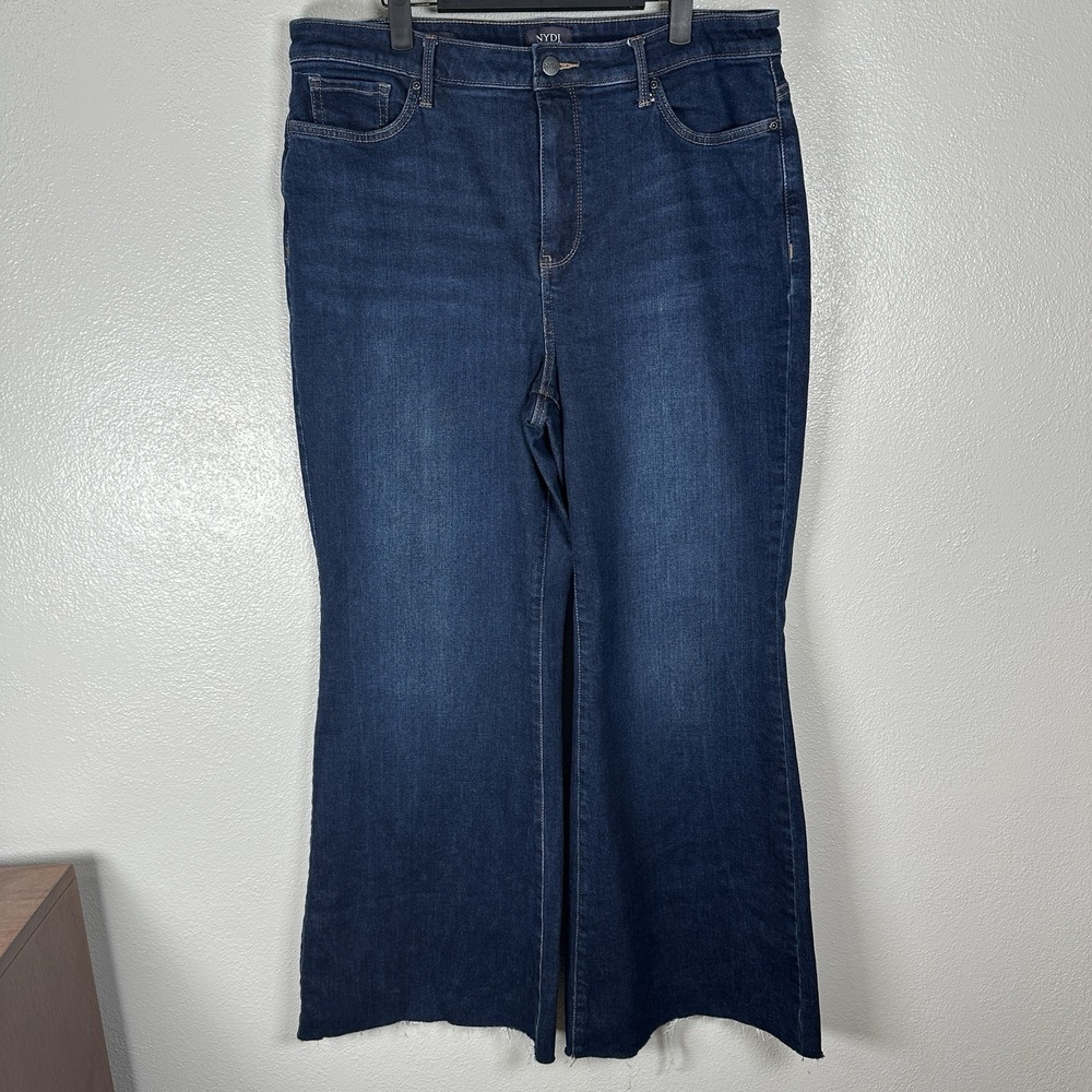 NYDJ Jeans MIA PALAZZO Womens Size 14 Blue Dark Wash Wide Leg Raw Hem High Waist